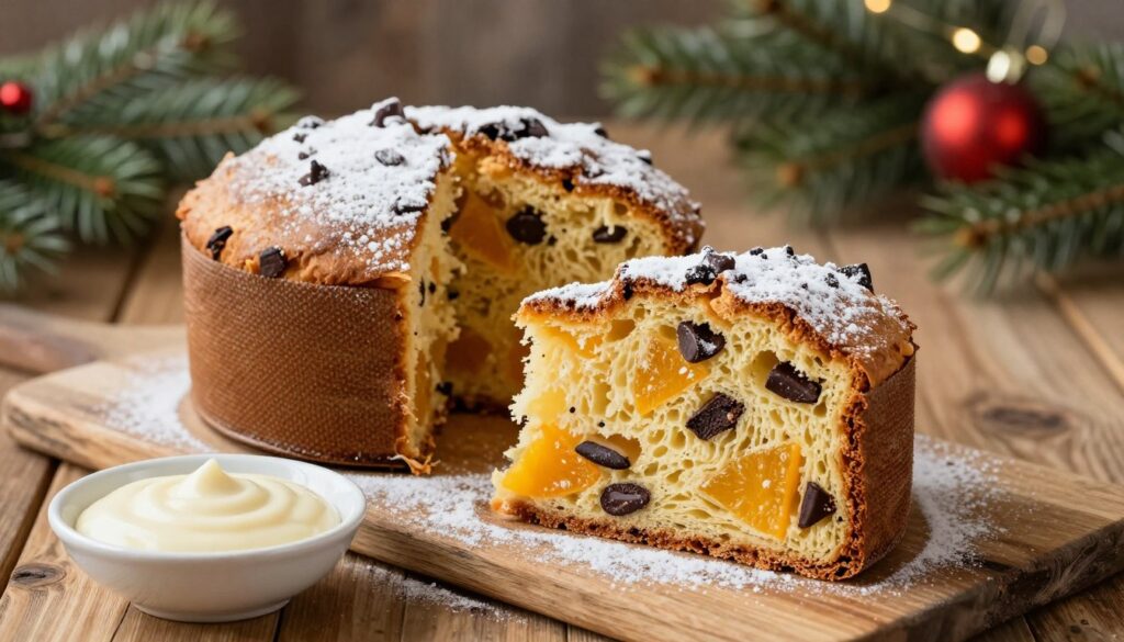A beautifully presented slice of panettone bread pudding sits on a rustic wooden table, adorned with a sprinkle of powdered sugar and accompanied by a small dish of rich vanilla sauce. In the foreground, the warm, golden-brown crust reveals a moist, fruity interior, bursting with candied orange and dark chocolate pieces. Soft, ambient lighting bathes the scene, creating a cozy, inviting atmosphere perfect for holiday gatherings. Behind the bread pudding, a blurred background features a festive table setting with holiday decorations, including pine branches and ornaments, enhancing the celebratory mood. The shot is taken from a slightly elevated angle, capturing the texture and layers of the pudding while maintaining vivid colors and contrast, inviting viewers to indulge in this seasonal delight. A beautifully presented slice of panettone bread pudding sits on a rustic wooden table, adorned with a sprinkle of powdered sugar and accompanied by a small dish of rich vanilla sauce. In the foreground, the warm, golden-brown crust reveals a moist, fruity interior, bursting with candied orange and dark chocolate pieces. Soft, ambient lighting bathes the scene, creating a cozy, inviting atmosphere perfect for holiday gatherings. Behind the bread pudding, a blurred background features a festive table setting with holiday decorations, including pine branches and ornaments, enhancing the celebratory mood. The shot is taken from a slightly elevated angle, capturing the texture and layers of the pudding while maintaining vivid colors and contrast, inviting viewers to indulge in this seasonal delight.