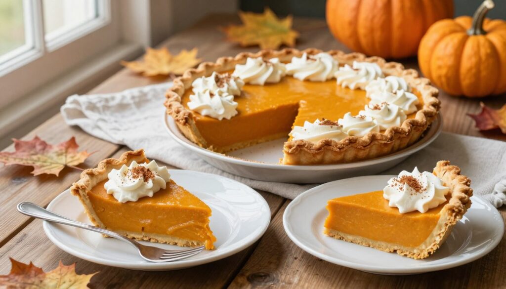 A beautifully styled Thanksgiving pumpkin cream pie, featuring a rich, smooth orange pumpkin filling topped with whipped cream, garnished with a sprinkle of cinnamon and a touch of nutmeg. The pie rests on a rustic wooden table with a soft white linen napkin underneath. In the foreground, a slice of the pie is elegantly plated, revealing its creamy texture and rich color. The background includes autumn leaves and small decorative pumpkins, creating a warm and inviting fall atmosphere. Soft, natural light pours in from a nearby window, casting gentle shadows and highlighting the pie's luscious surface. Capture the inviting essence and seasonal warmth, ideal for celebrating cozy gatherings. A beautifully styled Thanksgiving pumpkin cream pie, featuring a rich, smooth orange pumpkin filling topped with whipped cream, garnished with a sprinkle of cinnamon and a touch of nutmeg. The pie rests on a rustic wooden table with a soft white linen napkin underneath. In the foreground, a slice of the pie is elegantly plated, revealing its creamy texture and rich color. The background includes autumn leaves and small decorative pumpkins, creating a warm and inviting fall atmosphere. Soft, natural light pours in from a nearby window, casting gentle shadows and highlighting the pie's luscious surface. Capture the inviting essence and seasonal warmth, ideal for celebrating cozy gatherings.