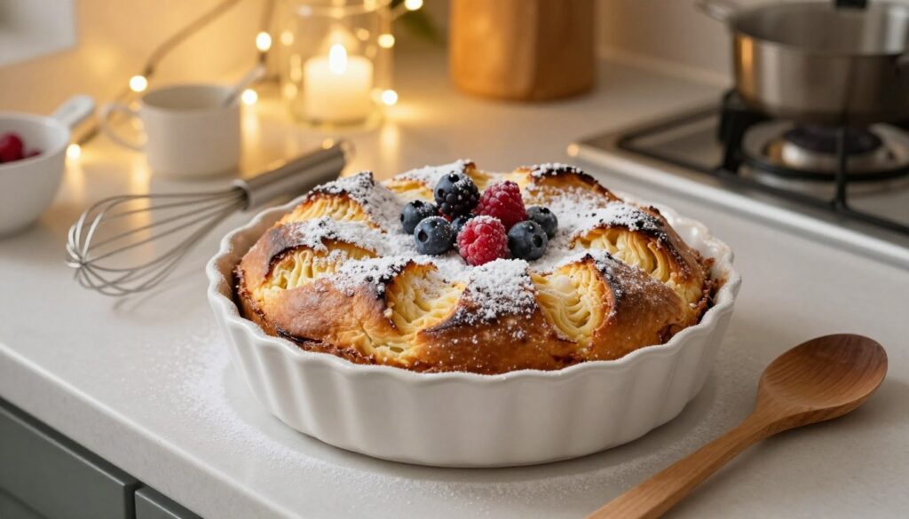 A beautifully styled kitchen countertop is the setting, featuring a golden-brown panettone bread pudding in an elegant ceramic dish, topped with a light dusting of powdered sugar and garnished with fresh berries. Surrounding the dish are various baking tools like a whisk, measuring cups, and a wooden spoon, suggesting a cozy, homey atmosphere. In the background, soft lights twinkle like holiday decorations, creating a warm, inviting glow. The camera angle is slightly above the dish, emphasizing the texture of the pudding and the richness of the ingredients. The scene evokes a sense of comfort and festive cheer, perfect for holiday gatherings. The overall mood is warm and inviting, showcasing the essence of baking during the holidays. A beautifully styled kitchen countertop is the setting, featuring a golden-brown panettone bread pudding in an elegant ceramic dish, topped with a light dusting of powdered sugar and garnished with fresh berries. Surrounding the dish are various baking tools like a whisk, measuring cups, and a wooden spoon, suggesting a cozy, homey atmosphere. In the background, soft lights twinkle like holiday decorations, creating a warm, inviting glow. The camera angle is slightly above the dish, emphasizing the texture of the pudding and the richness of the ingredients. The scene evokes a sense of comfort and festive cheer, perfect for holiday gatherings. The overall mood is warm and inviting, showcasing the essence of baking during the holidays.