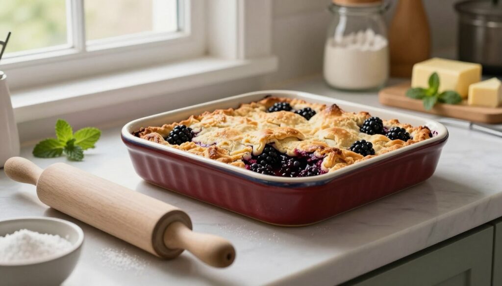 A beautifully styled kitchen countertop showcasing a freshly baked blackberry cobbler, with golden-brown crust and glistening blackberries peeking through. In the foreground, a rolling pin and a bowl of sugar scatter artistry hint at the baking process. The middle ground features a vibrant, rustic ceramic dish that captures the cobbler's warm hues under gentle, natural light pouring in from a nearby window. The background displays a subtle array of baking tools and ingredients like flour, butter, and fresh mint leaves, creating an inviting atmosphere. The image captures a homey, cozy mood, with soft focus on the edges that draw attention to the cobbler's texture and richness. Set at a 45-degree angle for depth, allowing for a clear view of the delicious dessert without any text or watermarks. A beautifully styled kitchen countertop showcasing a freshly baked blackberry cobbler, with golden-brown crust and glistening blackberries peeking through. In the foreground, a rolling pin and a bowl of sugar scatter artistry hint at the baking process. The middle ground features a vibrant, rustic ceramic dish that captures the cobbler's warm hues under gentle, natural light pouring in from a nearby window. The background displays a subtle array of baking tools and ingredients like flour, butter, and fresh mint leaves, creating an inviting atmosphere. The image captures a homey, cozy mood, with soft focus on the edges that draw attention to the cobbler's texture and richness. Set at a 45-degree angle for depth, allowing for a clear view of the delicious dessert without any text or watermarks.