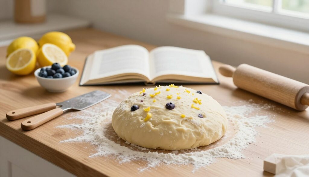 A beautifully styled kitchen table with a dough bowl containing proofing sourdough bread made with lemon and blueberries. The foreground shows the dough slightly risen, with flecks of lemon zest and blueberries visible. A clean, wooden surface holds artisan kitchen tools like a bench scraper, a dusting of flour, and a rolling pin. In the middle, a partially open recipe book displays simple instructions on proofing dough, emphasizing a relaxed, inviting atmosphere. The background features soft, natural lighting streaming in through a window, highlighting the texture of the dough. A sprig of fresh lemon and a small bowl of blueberries add color and freshness, conveying a sense of homemade warmth and creativity in baking. The scene radiates a peaceful, cozy vibe suitable for a culinary setting.