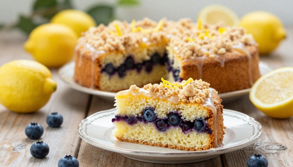 A beautifully styled lemon blueberry streusel cake, showcasing vibrant layers of moist cake studded with juicy blueberries and a zesty lemon glaze. The foreground features a slice of the cake on a vintage plate, revealing its fluffy texture and crumbly streusel topping adorned with lemon zest. In the middle, the whole cake sits elegantly on a rustic wooden table, surrounded by fresh lemons and blueberries, conveying a sense of abundance and freshness. The background is softly blurred to focus on the cake, with warm natural light streaming in, creating a cozy, inviting atmosphere. The scene is captured from a slightly elevated angle, emphasizing the cake's details, with a shallow depth of field that enhances the subject. A beautifully styled lemon blueberry streusel cake, showcasing vibrant layers of moist cake studded with juicy blueberries and a zesty lemon glaze. The foreground features a slice of the cake on a vintage plate, revealing its fluffy texture and crumbly streusel topping adorned with lemon zest. In the middle, the whole cake sits elegantly on a rustic wooden table, surrounded by fresh lemons and blueberries, conveying a sense of abundance and freshness. The background is softly blurred to focus on the cake, with warm natural light streaming in, creating a cozy, inviting atmosphere. The scene is captured from a slightly elevated angle, emphasizing the cake's details, with a shallow depth of field that enhances the subject.