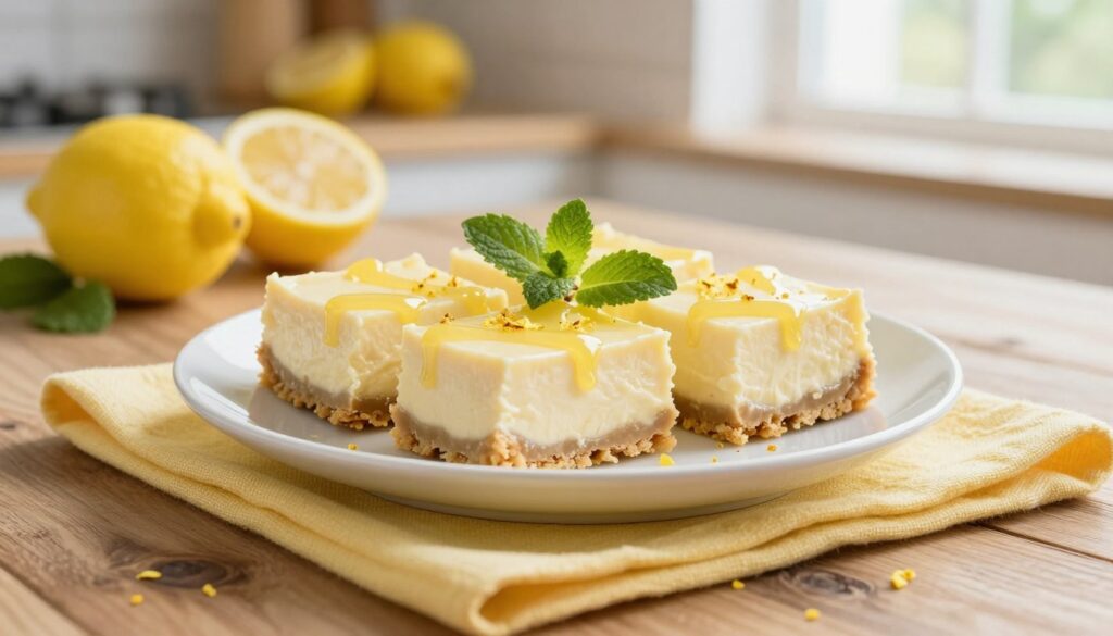 A beautifully styled plate of creamy lemon cheesecake bars, elegantly arranged with two bars cut into perfect squares showing their smooth, rich texture. The bars have a light lemon drizzle glistening on top, complemented by a sprinkle of zest and a fresh mint leaf for garnish. In the foreground, a rustic wooden table adds warmth, while in the middle, there's a delicate yellow napkin to enhance the lemon theme. The background features a soft-focused kitchen setting with diffused natural light streaming in from a nearby window, creating a fresh and inviting atmosphere. The overall mood is bright and cheerful, emphasizing the delicious appeal of these treats, perfect for a sunny afternoon. A beautifully styled plate of creamy lemon cheesecake bars, elegantly arranged with two bars cut into perfect squares showing their smooth, rich texture. The bars have a light lemon drizzle glistening on top, complemented by a sprinkle of zest and a fresh mint leaf for garnish. In the foreground, a rustic wooden table adds warmth, while in the middle, there's a delicate yellow napkin to enhance the lemon theme. The background features a soft-focused kitchen setting with diffused natural light streaming in from a nearby window, creating a fresh and inviting atmosphere. The overall mood is bright and cheerful, emphasizing the delicious appeal of these treats, perfect for a sunny afternoon.
