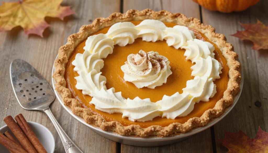 A beautifully styled top-down view of a delicious pumpkin cream pie topped with a swirl of creamy whipped cream and a sprinkle of cinnamon. The pie is set on a rustic wooden table, with a warm golden-brown crust that contrasts with the vibrant orange pumpkin filling. In the foreground, a decorative silver pie server and a small bowl filled with cinnamon sticks enhance the autumnal theme. Soft, natural lighting casts gentle shadows, creating a cozy atmosphere that evokes feelings of fall baking traditions. In the background, out-of-focus hints of autumn leaves in soft earth tones complete the scene, emphasizing the seasonal theme while keeping the focus on the pie. The angle is slightly tilted for a dynamic perspective, highlighting the pie’s texture and richness. A beautifully styled top-down view of a delicious pumpkin cream pie topped with a swirl of creamy whipped cream and a sprinkle of cinnamon. The pie is set on a rustic wooden table, with a warm golden-brown crust that contrasts with the vibrant orange pumpkin filling. In the foreground, a decorative silver pie server and a small bowl filled with cinnamon sticks enhance the autumnal theme. Soft, natural lighting casts gentle shadows, creating a cozy atmosphere that evokes feelings of fall baking traditions. In the background, out-of-focus hints of autumn leaves in soft earth tones complete the scene, emphasizing the seasonal theme while keeping the focus on the pie. The angle is slightly tilted for a dynamic perspective, highlighting the pie’s texture and richness.