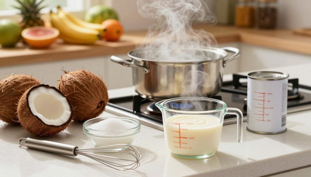 A bright kitchen countertop is set for the preparation of coconut panna cotta, featuring a variety of ingredients: fresh coconuts, a small bowl of gelatin, sugar, and a can of coconut milk. In the foreground, a whisk and a clear measuring cup filled with creamy coconut mixture rest next to a glass mold. In the middle, a pot gently simmering on the stove, steam rising, illuminated by warm, soft lighting to create a cozy atmosphere. The background includes wooden shelves lined with tropical fruits and jars of spices, enhancing the inviting mood. The angle captures both the ingredients and the process, focusing on the textures and colors that highlight the freshness of the recipe, evoking a sense of culinary adventure.