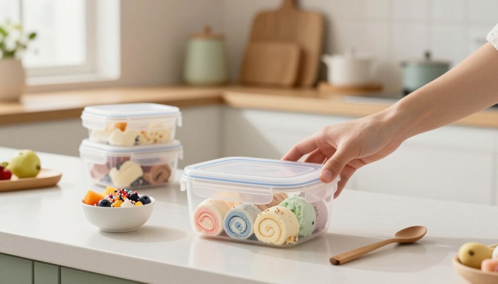 A clean, modern kitchen countertop showcases a stylish, transparent airtight container filled with colorful rolled ice cream, resting next to a small bowl of toppings like sprinkles and fresh fruits. In the foreground, focus on a friendly hand gently closing the container, emphasizing the importance of airtight storage to maintain freshness. The middle of the image features a few neatly arranged containers, while the background reveals a softly lit kitchen with warm wooden shelves and pastel-colored decor, creating a cozy atmosphere. Natural light streams in from a nearby window, casting a gentle glow over the scene. The overall mood is inviting and homey, perfect for encouraging beginners to store their homemade ice cream properly. A clean, modern kitchen countertop showcases a stylish, transparent airtight container filled with colorful rolled ice cream, resting next to a small bowl of toppings like sprinkles and fresh fruits. In the foreground, focus on a friendly hand gently closing the container, emphasizing the importance of airtight storage to maintain freshness. The middle of the image features a few neatly arranged containers, while the background reveals a softly lit kitchen with warm wooden shelves and pastel-colored decor, creating a cozy atmosphere. Natural light streams in from a nearby window, casting a gentle glow over the scene. The overall mood is inviting and homey, perfect for encouraging beginners to store their homemade ice cream properly.