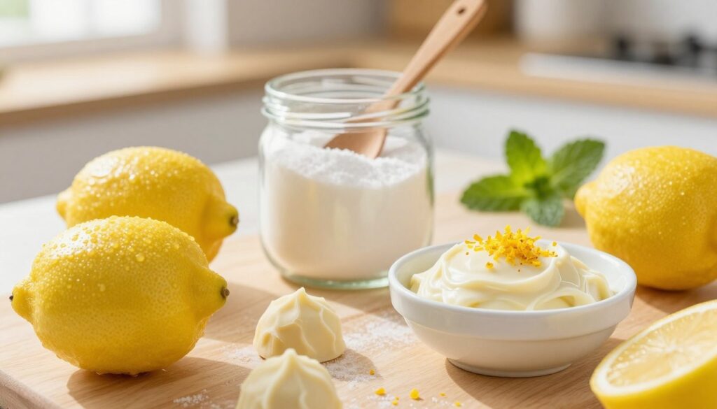A close-up, beautifully arranged display of fresh ingredients for a lemon truffle recipe. In the foreground, vibrant yellow lemons with dewy skin, a small bowl of creamy white chocolate, and a sprinkle of finely grated lemon zest. In the middle, a glass jar filled with powdered sugar and a wooden spoon resting beside it. The background features soft-focus kitchen elements, such as a light wooden countertop and a few mint leaves for garnish, creating a fresh atmosphere. Soft, natural lighting filters in from a nearby window, casting gentle shadows and highlighting the textures. The overall mood is bright, inviting, and appetizing, perfect for inspiring viewers to make delicious lemon truffles.