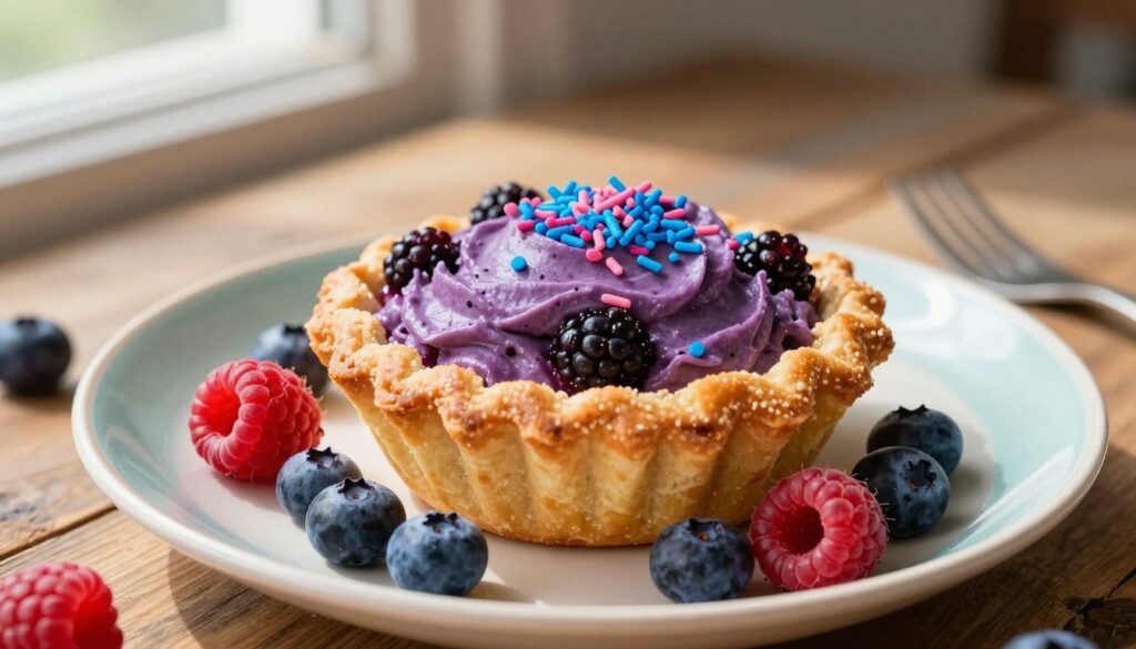 A close-up image of a delicious Wild Berry Pop Tart, golden-brown crust lightly toasted and perfectly flaky. The Pop Tart is filled with vibrant purple wild berry frosting, decorated with bright blue and pink sprinkle accents. Place the Pop Tart on a colorful plate with a few fresh wild berries—raspberries and blueberries—scattered artistically around it. The background features a rustic wooden table, softly illuminated by natural sunlight filtering through a window, creating a warm and inviting atmosphere. Capture the scene from a slightly elevated angle to emphasize the texture of the pastry and the lively colors of the frosting and berries. The overall mood should be cheerful and enticing, making the viewer crave a bite.