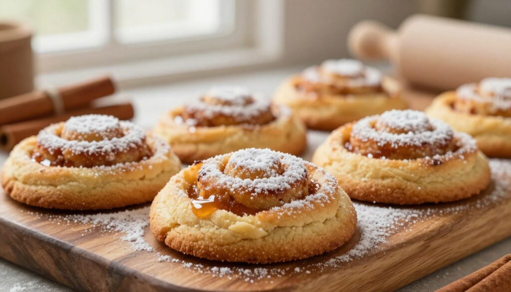 A close-up of freshly baked homemade cookies infused with delectable cinnamon roll flavor, featuring a golden-brown, slightly crispy exterior and a soft, chewy center that has a sticky glaze reminiscent of cinnamon rolls. The foreground focuses on the cookies arranged artfully on a rustic wooden platter, sprinkled with a dusting of powdered sugar for an inviting touch. In the middle background, there are warm, cozy kitchen elements, such as a window letting in soft morning light, and a few cinnamon sticks and rolling pin, hinting at a baking atmosphere. The overall mood is warm and inviting, evoking the comforting scent of cinnamon and sugar, perfect for illustrating the irresistible nature of these cookies.