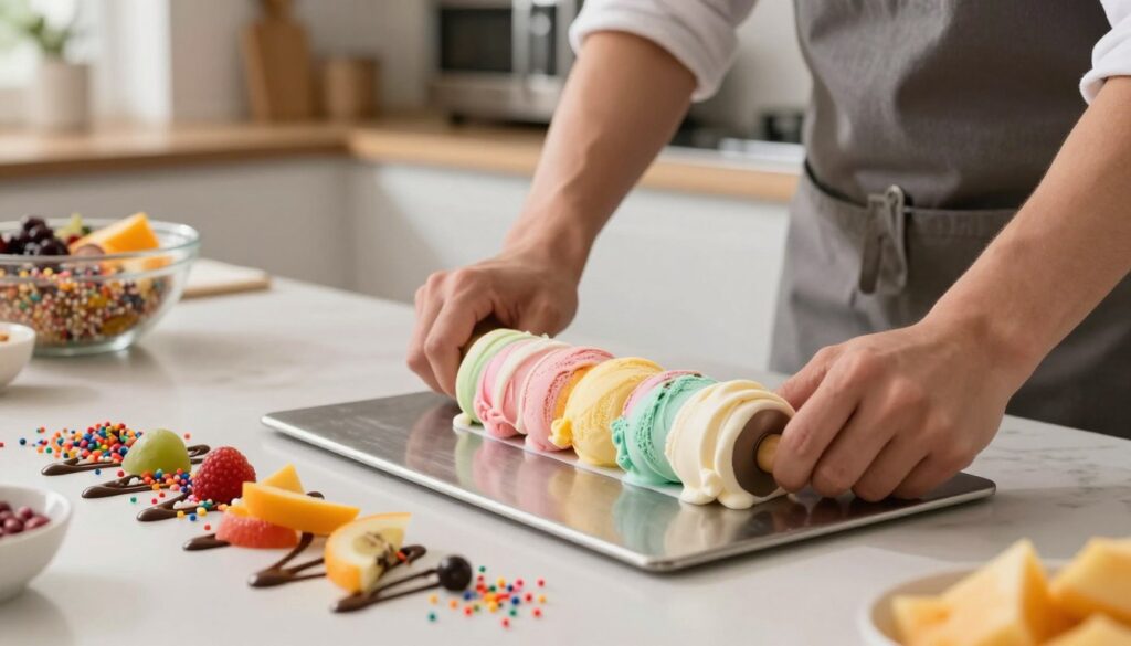 A close-up scene of a friendly individual in a modern kitchen, expertly rolling freshly made ice cream on a cold metal plate. The foreground features colorful toppings like sprinkles, fruit slices, and chocolate drizzles artistically arranged around the rolling process. In the middle, the ice cream in vibrant pastel colors is being carefully smoothed and rolled into perfect cylindrical shapes using a metal spatula. The background includes a well-lit kitchen with sleek appliances and a bowl of additional ingredients, creating a warm, inviting atmosphere. Utilize soft, natural lighting to enhance the homey feel, capturing the excitement and creativity of making rolled ice cream. The angle should focus on the action, showcasing the delightful process without any text or distractions. A close-up scene of a friendly individual in a modern kitchen, expertly rolling freshly made ice cream on a cold metal plate. The foreground features colorful toppings like sprinkles, fruit slices, and chocolate drizzles artistically arranged around the rolling process. In the middle, the ice cream in vibrant pastel colors is being carefully smoothed and rolled into perfect cylindrical shapes using a metal spatula. The background includes a well-lit kitchen with sleek appliances and a bowl of additional ingredients, creating a warm, inviting atmosphere. Utilize soft, natural lighting to enhance the homey feel, capturing the excitement and creativity of making rolled ice cream. The angle should focus on the action, showcasing the delightful process without any text or distractions.