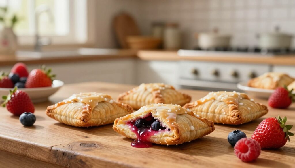 A close-up shot of Kellogg's Wild Berry Pop Tarts arranged on a rustic wooden table in a well-lit kitchen. In the foreground, the Pop Tarts are displayed with their signature glaze and colorful berry filling slightly oozing out. There’s a berry medley—strawberries, blueberries, and raspberries—surrounding the pastries, enhancing their vibrant colors. In the middle ground, a warm, sunlit kitchen is visible, with soft-focus elements like a floral vase and a kitchen window letting in gentle light. The atmosphere is inviting and nostalgic, evoking a sense of warmth and comfort. Shot with a 50mm lens for a shallow depth of field to highlight the texture of the pastries, creating a dreamy, appetizing mood.