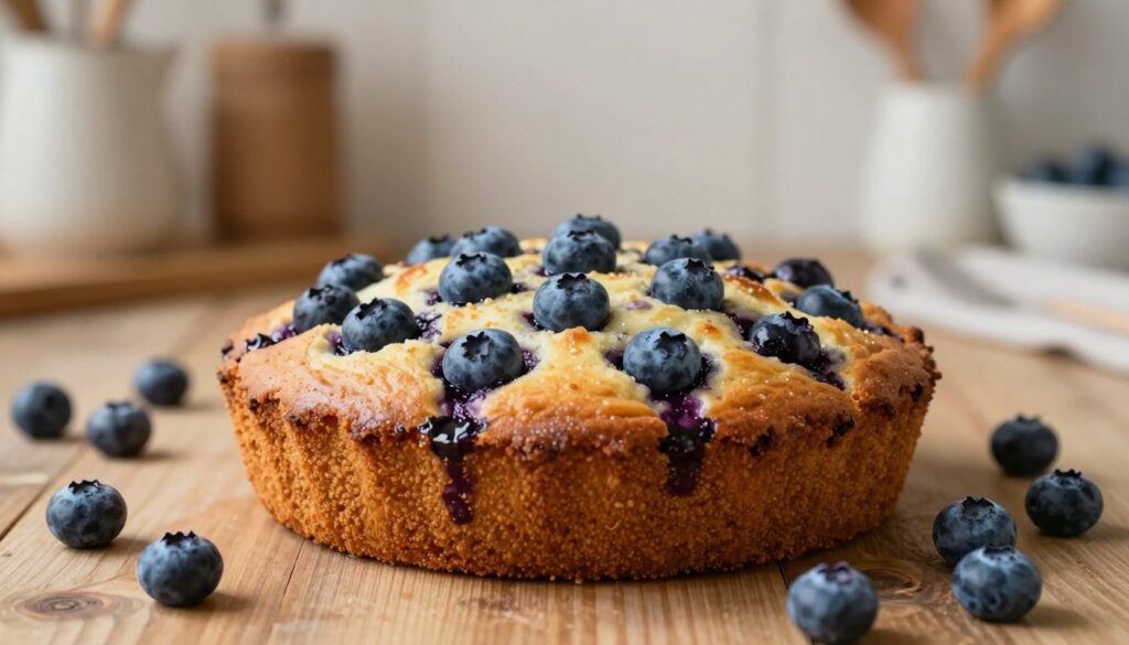A close-up shot of a moist blueberry cake, beautifully baked with a golden-brown crust and speckled with plump, juicy blueberries on top. The cake is displayed on a rustic wooden table, surrounded by fresh blueberries scattered around. In the background, softly blurred, there are stylish kitchen utensils and a light-colored wall, giving a cozy, inviting atmosphere. The lighting is warm and natural, highlighting the cake's moist texture and creating gentle shadows. A shallow depth of field enhances the focus on the cake, making it the star of the image while evoking a sense of comfort and hominess, perfect for a breakfast setting. A close-up shot of a moist blueberry cake, beautifully baked with a golden-brown crust and speckled with plump, juicy blueberries on top. The cake is displayed on a rustic wooden table, surrounded by fresh blueberries scattered around. In the background, softly blurred, there are stylish kitchen utensils and a light-colored wall, giving a cozy, inviting atmosphere. The lighting is warm and natural, highlighting the cake's moist texture and creating gentle shadows. A shallow depth of field enhances the focus on the cake, making it the star of the image while evoking a sense of comfort and hominess, perfect for a breakfast setting.