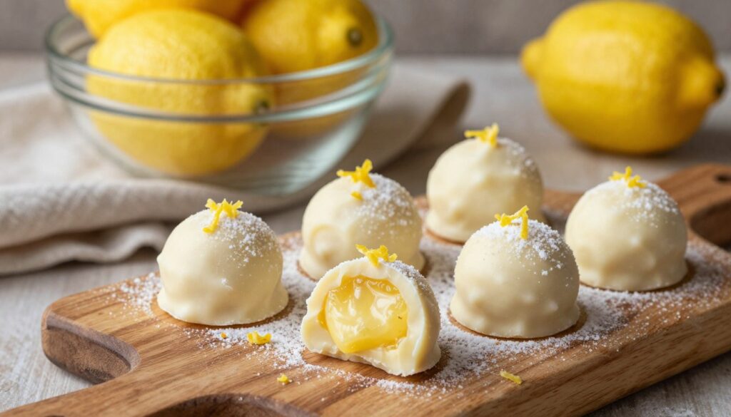 A close-up shot of homemade lemon truffles arranged elegantly on a rustic wooden cutting board, showcasing their creamy, zesty lemon filling peeking through a smooth white chocolate exterior. The truffles are garnished with finely grated lemon zest and a sprinkle of powdered sugar for a delicate touch. In the background, a glass bowl filled with fresh lemons adds a pop of vibrant yellow color, while a soft cloth napkin in muted tones drapes elegantly beside them. The lighting is warm and inviting, casting a gentle glow that highlights the textures and colors, and the scene is captured from a slightly elevated angle to create depth. The overall mood is cozy and inviting, perfect for inspiring a homey atmosphere.