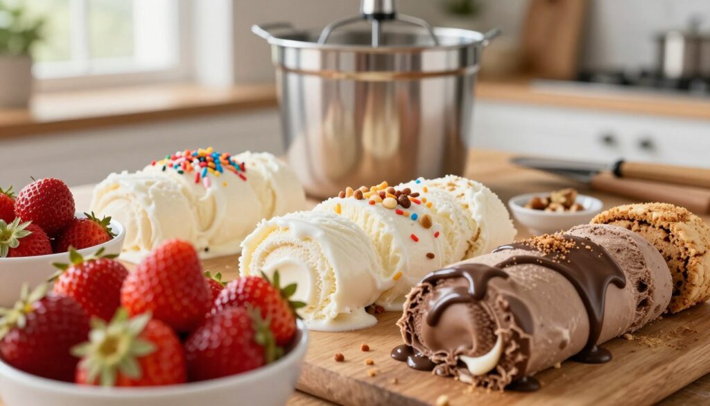 A close-up view of a beautifully arranged assortment of homemade rolled ice cream ingredients on a rustic wooden table. In the foreground, a bowl of fresh, vibrant strawberries, creamy coconut milk, rich chocolate syrup, and crushed cookies. The middle layer features an ice cream maker with a metallic surface reflecting ambient light, accompanied by a few colorful toppings like sprinkles and crushed nuts. In the background, a softly blurred kitchen setting with natural light streaming in through a window, creating a warm and inviting atmosphere. The colors should be bright and appetizing, conveying a sense of freshness and creativity. The focus is sharp on the ingredients, inviting the viewer into the world of rolled ice cream preparation. A close-up view of a beautifully arranged assortment of homemade rolled ice cream ingredients on a rustic wooden table. In the foreground, a bowl of fresh, vibrant strawberries, creamy coconut milk, rich chocolate syrup, and crushed cookies. The middle layer features an ice cream maker with a metallic surface reflecting ambient light, accompanied by a few colorful toppings like sprinkles and crushed nuts. In the background, a softly blurred kitchen setting with natural light streaming in through a window, creating a warm and inviting atmosphere. The colors should be bright and appetizing, conveying a sense of freshness and creativity. The focus is sharp on the ingredients, inviting the viewer into the world of rolled ice cream preparation.