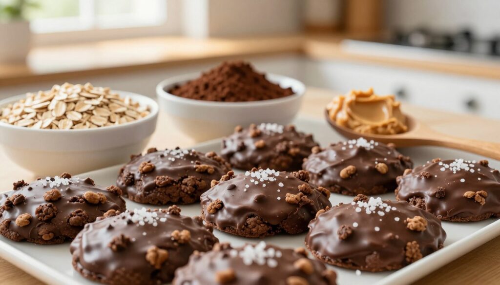 A close-up view of a beautifully arranged platter of no-bake chocolate oatmeal cookies. In the foreground, the cookies are glossy with a rich chocolate coating, sprinkled with a touch of sea salt. The middle ground features a bowl of raw ingredients like rolled oats, cocoa powder, and peanut butter artistically placed, along with a wooden spoon. In the background, a softly blurred kitchen setting with warm light streaming through a window, creating a cozy and inviting atmosphere. The overall mood is vibrant and cheerful, emphasizing the fun and ease of making these delicious treats. Capture this scene with a soft-focus lens for a warm, inviting look. A close-up view of a beautifully arranged platter of no-bake chocolate oatmeal cookies. In the foreground, the cookies are glossy with a rich chocolate coating, sprinkled with a touch of sea salt. The middle ground features a bowl of raw ingredients like rolled oats, cocoa powder, and peanut butter artistically placed, along with a wooden spoon. In the background, a softly blurred kitchen setting with warm light streaming through a window, creating a cozy and inviting atmosphere. The overall mood is vibrant and cheerful, emphasizing the fun and ease of making these delicious treats. Capture this scene with a soft-focus lens for a warm, inviting look.