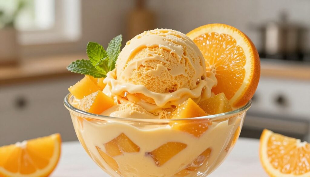A close-up view of a creamy fruit-infused dessert featuring vibrant orange ice cream swirled with fresh fruit pieces. The dessert is elegantly served in a transparent glass bowl, adorned with sprigs of mint and slices of juicy oranges for a refreshing summer touch. In the background, a sunlit kitchen with soft, natural lighting casts a warm glow, enhancing the rich textures of the ice cream. The scene captures the essence of summer, evoking a feeling of joy and indulgence. The angle is slightly elevated, showcasing the layers of creamy ice cream and fruit, inviting the viewer to enjoy this delightful treat.