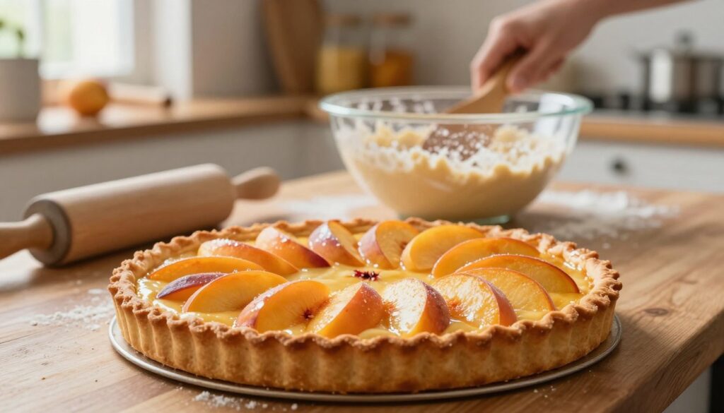 A close-up view of a rustic kitchen scene showing the baking process of a delicious peach tart. In the foreground, a golden-brown, freshly baked peach tart sits on a wooden countertop, glistening with a light glaze. Slices of ripe, juicy peaches are artfully arranged on top, their vibrant orange and yellow hues contrasting with the buttery crust. In the middle, a mixing bowl with a dough mixture and scattered flour creates a sense of action, while a rolling pin lies nearby, hinting at craftsmanship. The background features soft-focus shelves filled with baking ingredients and tools, illuminated by warm natural light streaming through a window, creating a cozy and inviting atmosphere. The image captures the essence of homemade cooking, emphasizing warmth, creativity, and the art of baking. A close-up view of a rustic kitchen scene showing the baking process of a delicious peach tart. In the foreground, a golden-brown, freshly baked peach tart sits on a wooden countertop, glistening with a light glaze. Slices of ripe, juicy peaches are artfully arranged on top, their vibrant orange and yellow hues contrasting with the buttery crust. In the middle, a mixing bowl with a dough mixture and scattered flour creates a sense of action, while a rolling pin lies nearby, hinting at craftsmanship. The background features soft-focus shelves filled with baking ingredients and tools, illuminated by warm natural light streaming through a window, creating a cozy and inviting atmosphere. The image captures the essence of homemade cooking, emphasizing warmth, creativity, and the art of baking.