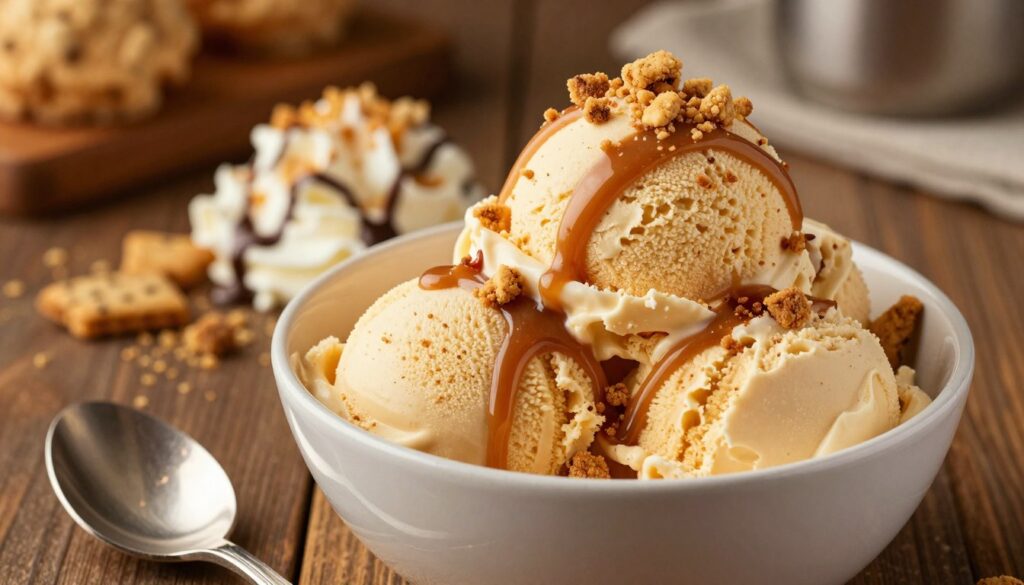 A close-up view of a sumptuous bowl of cookie butter ice cream, generously swirled with ribbons of caramel and topped with crunchy cookie crumbles. In the foreground, a shiny silver spoon rests against the bowl, reflecting the warm, golden light. The ice cream itself is creamy and smooth, invitingly set against a dark wooden table. In the middle ground, a vibrant array of toppings like crushed graham crackers, whipped cream, and a drizzle of chocolate sauce add texture and intrigue to the scene. The background softly blurs out with hints of rustic kitchen elements, creating a cozy atmosphere. The lighting is warm and inviting, enhancing the rich colors of the dessert, evoking a sense of indulgence and comfort. A close-up view of a sumptuous bowl of cookie butter ice cream, generously swirled with ribbons of caramel and topped with crunchy cookie crumbles. In the foreground, a shiny silver spoon rests against the bowl, reflecting the warm, golden light. The ice cream itself is creamy and smooth, invitingly set against a dark wooden table. In the middle ground, a vibrant array of toppings like crushed graham crackers, whipped cream, and a drizzle of chocolate sauce add texture and intrigue to the scene. The background softly blurs out with hints of rustic kitchen elements, creating a cozy atmosphere. The lighting is warm and inviting, enhancing the rich colors of the dessert, evoking a sense of indulgence and comfort.