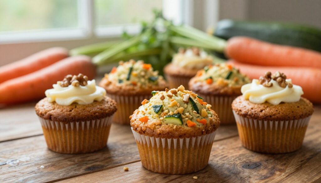 A close-up view of beautifully baked carrot cake zucchini muffins, arranged on a rustic wooden table. The muffins are golden brown, showcasing flecks of green zucchini and orange carrot within the moist texture. Some muffins are topped with a light layer of cream cheese frosting, delicately piped on one side, and garnished with a sprinkle of chopped walnuts. In the background, soft natural light filters through a nearby window, creating a warm, inviting atmosphere. A few whole carrots and a zucchini lay artistically beside the muffins, enhancing the fresh ingredients theme. The shallow depth of field emphasizes the muffins in the foreground, keeping the background softly blurred, giving the image a cozy, homely feel that encourages baking.