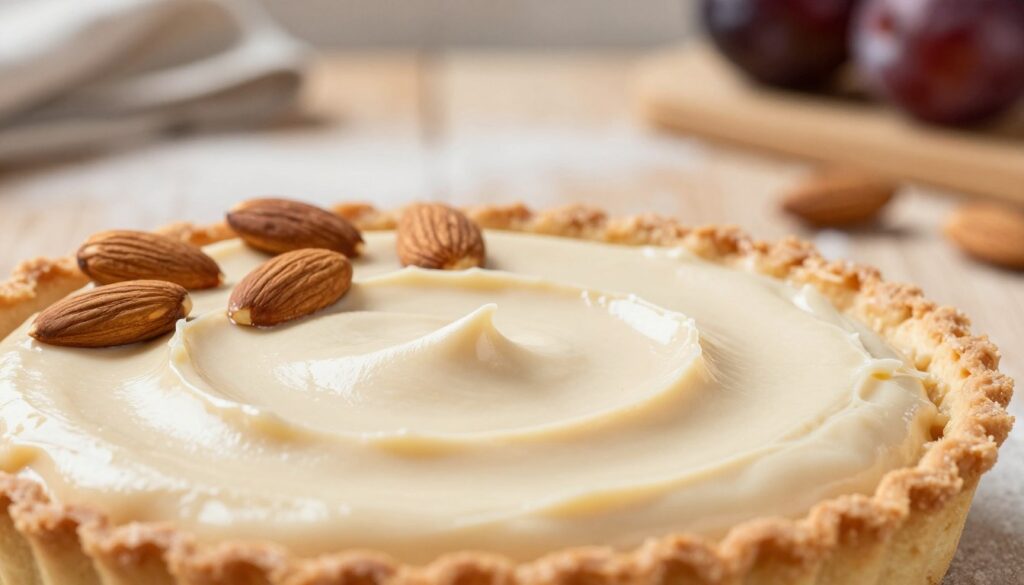 A close-up view of creamy almond filling for tart, showcasing a smooth, pale beige texture. The filling is spread generously in a rustic tart shell, with a few whole almonds scattered elegantly on top for garnish. In the foreground, the creamy filling glistens under soft, natural lighting, emphasizing its rich and inviting texture. The middle ground features a lightly dusted wooden table, adding warmth to the scene. The background is a softly blurred kitchen setting, with hints of baking utensils and ingredients, creating a cozy, homely atmosphere. The overall mood is warm and inviting, evoking the essence of homemade sweets, perfect for a delightful plum tart.