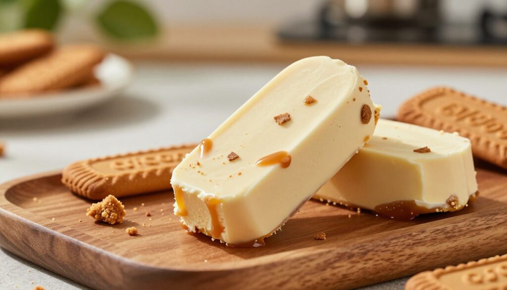 A close-up view of delicious Biscoff ice cream bars, highlighting the creamy, smooth texture of the ice cream infused with caramel notes and bits of crushed Biscoff cookies. The bars are artistically arranged on a wooden platter, with a few cookie crumbles scattered around for added detail. Soft, natural light casts a warm glow, enhancing the rich caramel colors and creating gentle shadows. In the background, a blurred kitchen setting with a touch of greenery adds freshness and warmth to the scene. The overall mood is inviting and indulgent, capturing the irresistible nature of these treats, making them look highly appealing to the viewer. A close-up view of delicious Biscoff ice cream bars, highlighting the creamy, smooth texture of the ice cream infused with caramel notes and bits of crushed Biscoff cookies. The bars are artistically arranged on a wooden platter, with a few cookie crumbles scattered around for added detail. Soft, natural light casts a warm glow, enhancing the rich caramel colors and creating gentle shadows. In the background, a blurred kitchen setting with a touch of greenery adds freshness and warmth to the scene. The overall mood is inviting and indulgent, capturing the irresistible nature of these treats, making them look highly appealing to the viewer.