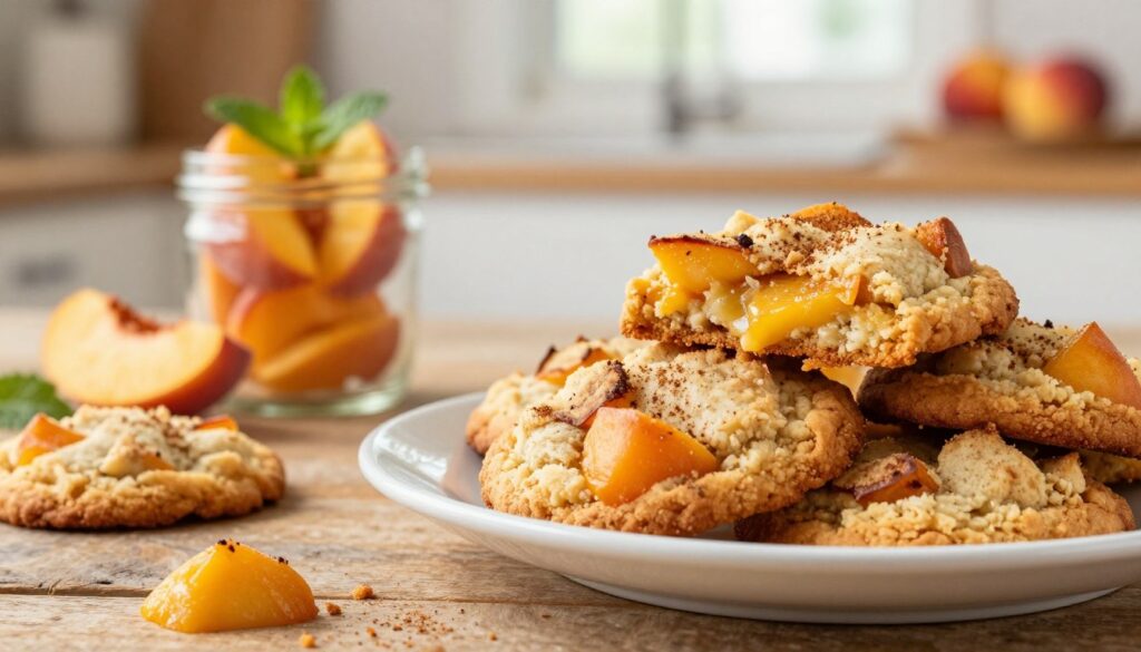 A close-up view of freshly baked peach cobbler cookies, golden-brown with a slightly crispy edge and soft interior, showcasing chunks of juicy peaches and a sprinkle of cinnamon. In the foreground, a rustic wooden table holds a white ceramic plate stacked high with the cookies, some slightly scattered with crumbs. The middle ground features a small glass jar filled with vibrant, sliced peaches, and a few mint leaves for garnish. In the background, a softly blurred kitchen setup with warm, natural light streaming in from a window, creating a cozy and inviting atmosphere. The scene conveys a sense of homeliness, perfect for illustrating the warmth and delight of storing leftover cookies. The focus is sharp on the cookies, emphasizing their delectable texture and tempting appearance. A close-up view of freshly baked peach cobbler cookies, golden-brown with a slightly crispy edge and soft interior, showcasing chunks of juicy peaches and a sprinkle of cinnamon. In the foreground, a rustic wooden table holds a white ceramic plate stacked high with the cookies, some slightly scattered with crumbs. The middle ground features a small glass jar filled with vibrant, sliced peaches, and a few mint leaves for garnish. In the background, a softly blurred kitchen setup with warm, natural light streaming in from a window, creating a cozy and inviting atmosphere. The scene conveys a sense of homeliness, perfect for illustrating the warmth and delight of storing leftover cookies. The focus is sharp on the cookies, emphasizing their delectable texture and tempting appearance.