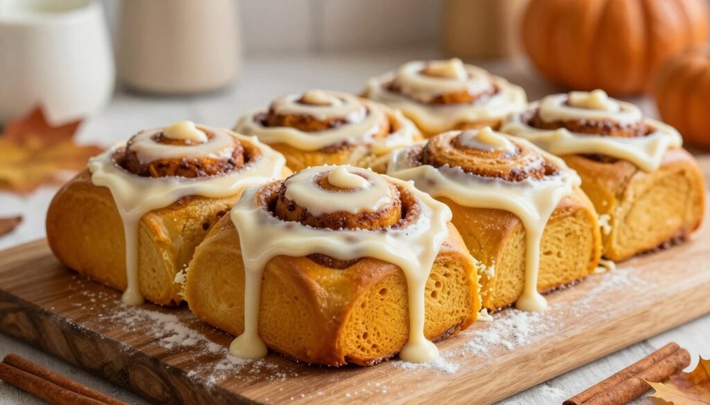 A close-up view of freshly baked pumpkin cinnamon rolls, drizzled with luscious cream cheese icing. The rolls are perfectly swirled with rich, warm hues of orange and brown, showcasing the cinnamon swirls and the velvety cream cheese frosting cascading down the sides. The foreground features a rustic wooden board sprinkled with flour and a few cinnamon sticks, inviting viewers into the baking process. Soft, natural lighting floods from the side, creating inviting shadows that emphasize the texture of the rolls. In the background, blurred autumn leaves and cozy kitchen decor enhance the warm, comforting atmosphere of a fall morning. The overall mood is inviting and homey, perfect for celebrating the season. A close-up view of freshly baked pumpkin cinnamon rolls, drizzled with luscious cream cheese icing. The rolls are perfectly swirled with rich, warm hues of orange and brown, showcasing the cinnamon swirls and the velvety cream cheese frosting cascading down the sides. The foreground features a rustic wooden board sprinkled with flour and a few cinnamon sticks, inviting viewers into the baking process. Soft, natural lighting floods from the side, creating inviting shadows that emphasize the texture of the rolls. In the background, blurred autumn leaves and cozy kitchen decor enhance the warm, comforting atmosphere of a fall morning. The overall mood is inviting and homey, perfect for celebrating the season.