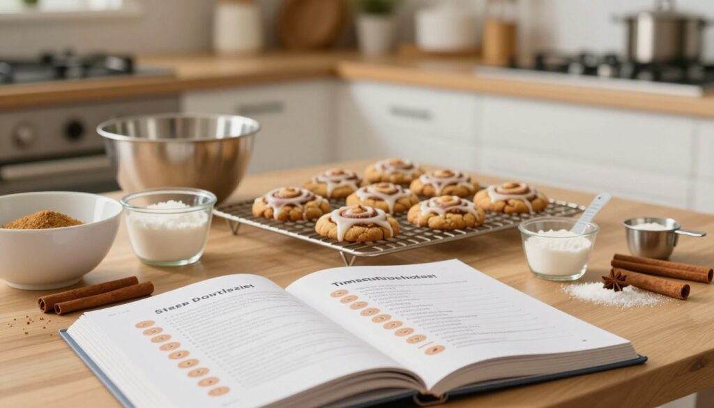 A cozy kitchen scene depicting a table filled with various cookie baking ingredients and tools, showcasing a step-by-step troubleshooting checklist for common baking issues. In the foreground, an open cookbook with a recipe for cinnamon roll cookies lies next to mixing bowls, measuring cups, and spices like cinnamon and sugar. In the middle ground, a freshly baked batch of cinnamon roll cookies with a drizzle of icing is placed on a cooling rack. The background features a well-organized kitchen with warm, inviting lighting, emphasizing a homey atmosphere. A subtle bokeh effect enhances the image depth, creating an inviting mood for aspiring bakers.
