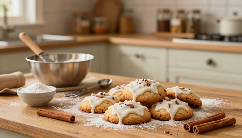 A cozy kitchen scene featuring a beautifully arranged set of cinnamon roll cookies, freshly baked and still warm. In the foreground, a wooden table holds several golden-brown cookies drizzled with creamy white icing, surrounded by cinnamon sticks and a small bowl of powdered sugar. The middle ground captures a rustic baking setup with a mixing bowl, measuring spoons, and flour dust scattered lightly, evoking a homemade atmosphere. In the background, soft, warm lighting creates an inviting glow, illuminating the kitchen’s vintage-style cabinetry and a spice rack filled with jars. The mood is cheerful and comforting, perfect for a family baking day. The focus is sharp on the cookies, with a slight bokeh effect on the kitchen elements for a professional touch.