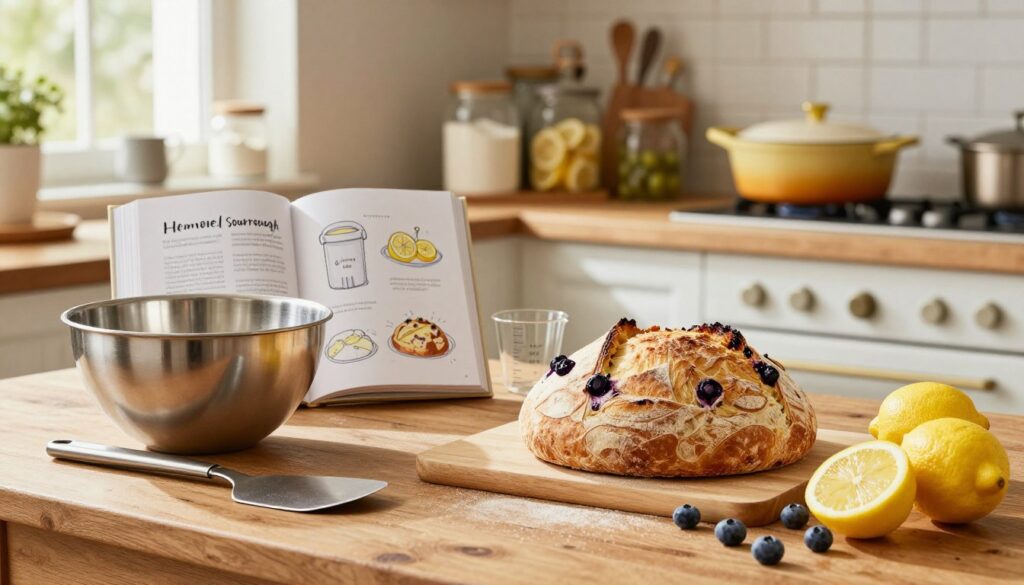 A cozy kitchen scene featuring essential equipment for making homemade lemon blueberry sourdough bread. In the foreground, a rustic wooden table is adorned with a collection of baking tools: a stainless steel mixing bowl, a dough scraper, and measuring cups. Next to these, there are fresh lemons and plump blueberries, adding vibrant pops of color. In the middle ground, a slightly open cookbook with hand-drawn illustrations shows a sourdough bread recipe. The background features a warm, inviting kitchen with soft natural light filtering through a window, illuminating a shelf filled with jars of flour and a cast iron dutch oven ready for baking. The atmosphere is cheerful and homely, emphasizing a passion for baking.
