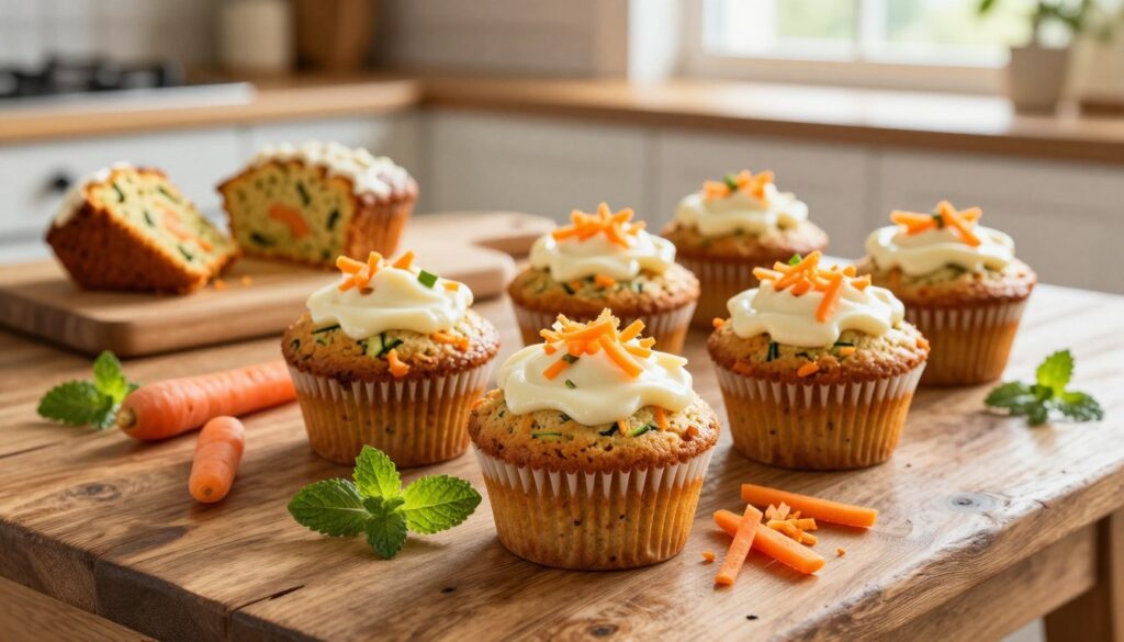 A cozy kitchen scene featuring freshly baked carrot cake zucchini muffins arranged on a rustic wooden table. The muffins are golden brown, with visible flecks of green zucchini and grated carrots, topped with a light cream cheese frosting. Surround the muffins with colorful garnishes, such as freshly grated carrots and green mint leaves, to emphasize freshness. In the background, show a wooden cutting board with some sliced muffins revealing their moist texture and rich colors. Natural warm sunlight streams in through a window, creating a soft glow that highlights the muffins and adds a homely atmosphere. The angle should be slightly elevated to capture both the muffins up close and the inviting kitchen setting without any text or distractions.