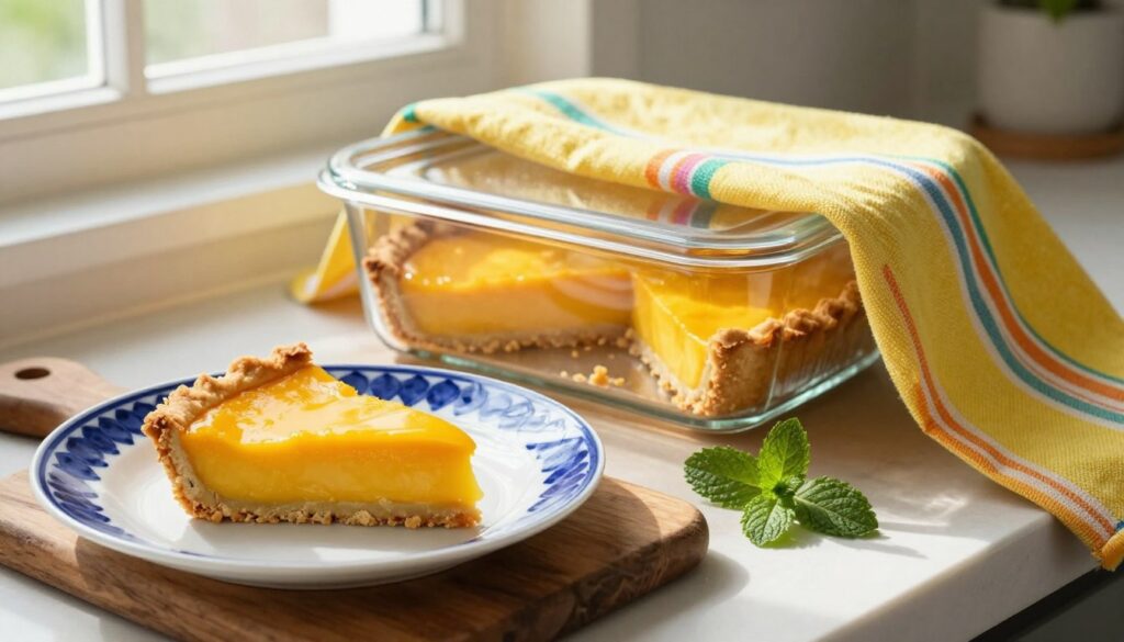 A cozy kitchen scene focusing on a beautifully arranged leftover mango tart placed inside a transparent glass food storage container, partially covered with a bright, colorful kitchen towel. In the foreground, a slice of the mango tart rests on a rustic wooden cutting board, showcasing its vibrant mango filling and crumbly crust. In the middle, a blue and white patterned plate complements the tart, with a few garnishing mint leaves scattered around. The background features soft natural light streaming through a window, casting gentle shadows and creating a warm, inviting atmosphere. The entire composition reflects a sense of homey comfort, emphasizing a practical yet visually appealing approach to storing delicious desserts. The image is shot at an angle to enhance depth and detail. A cozy kitchen scene focusing on a beautifully arranged leftover mango tart placed inside a transparent glass food storage container, partially covered with a bright, colorful kitchen towel. In the foreground, a slice of the mango tart rests on a rustic wooden cutting board, showcasing its vibrant mango filling and crumbly crust. In the middle, a blue and white patterned plate complements the tart, with a few garnishing mint leaves scattered around. The background features soft natural light streaming through a window, casting gentle shadows and creating a warm, inviting atmosphere. The entire composition reflects a sense of homey comfort, emphasizing a practical yet visually appealing approach to storing delicious desserts. The image is shot at an angle to enhance depth and detail.