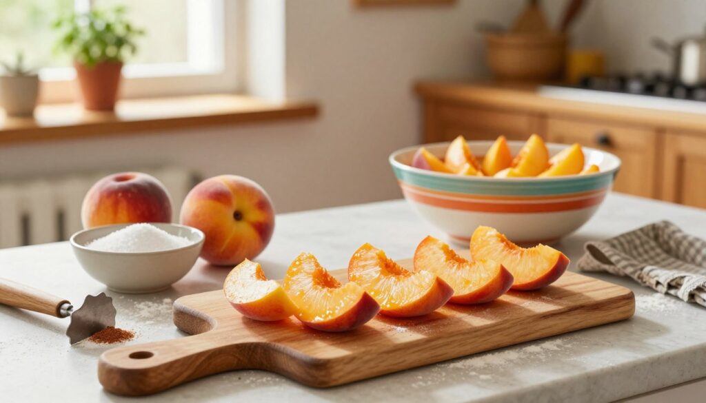 A cozy kitchen scene showcasing the preparation of a fresh peach tart filling. In the foreground, a wooden cutting board is adorned with ripe, juicy peaches being sliced into perfect wedges, their vibrant orange and yellow hues gleaming. A small bowl filled with sugar and a sprinkle of cinnamon sits nearby, along with a vintage pastry cutter and a flour-dusted countertop. The middle ground features a colorful mixing bowl partially filled with the peach slices, invitingly arranged. In the background, soft natural light filters through a nearby window, illuminating a rustic kitchen with warm wooden cabinets and potted herbs on the sill. The atmosphere is warm and inviting, evoking a sense of homely comfort and culinary creativity, perfect for a delightful cooking experience. A cozy kitchen scene showcasing the preparation of a fresh peach tart filling. In the foreground, a wooden cutting board is adorned with ripe, juicy peaches being sliced into perfect wedges, their vibrant orange and yellow hues gleaming. A small bowl filled with sugar and a sprinkle of cinnamon sits nearby, along with a vintage pastry cutter and a flour-dusted countertop. The middle ground features a colorful mixing bowl partially filled with the peach slices, invitingly arranged. In the background, soft natural light filters through a nearby window, illuminating a rustic kitchen with warm wooden cabinets and potted herbs on the sill. The atmosphere is warm and inviting, evoking a sense of homely comfort and culinary creativity, perfect for a delightful cooking experience.