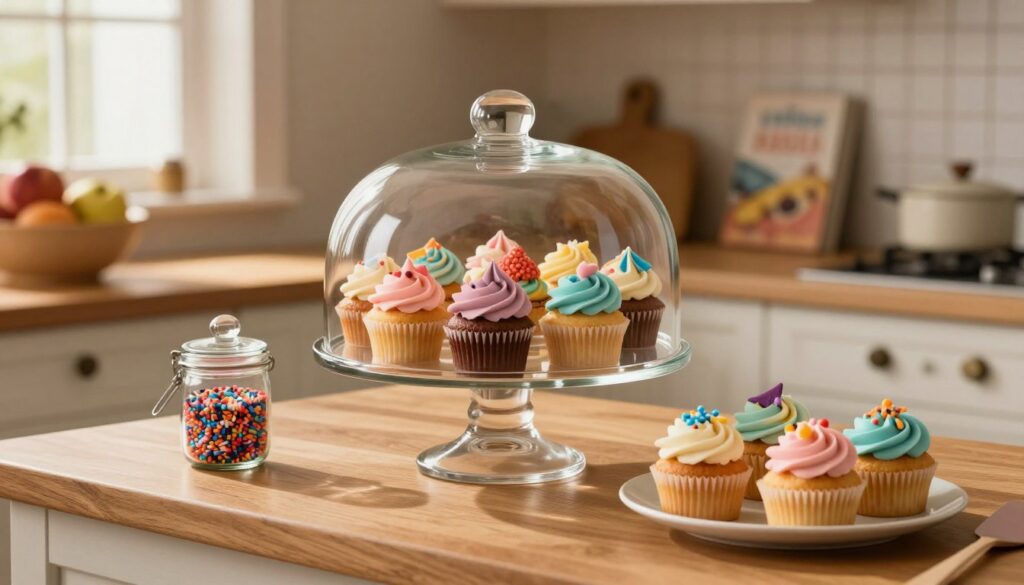 A cozy kitchen setting featuring an elegant glass cake dome filled with an assortment of beautifully decorated gluten-free cupcakes, each adorned with vibrant pastel frosting and delicate edible decorations. In the foreground, a wooden countertop showcases a small plate of freshly baked cupcakes neatly arranged next to a glass jar filled with sprinkles and a spatula. The background has warm, inviting lighting emanating from a nearby window, casting soft shadows that enhance the scene's homey atmosphere. Subtle kitchen elements, like a fruit bowl and a cookbook on a shelf, create a sense of culinary artistry. The overall mood feels cheerful and inviting, capturing the essence of baking and sharing delightful gluten-free treats without any text or distractions. A cozy kitchen setting featuring an elegant glass cake dome filled with an assortment of beautifully decorated gluten-free cupcakes, each adorned with vibrant pastel frosting and delicate edible decorations. In the foreground, a wooden countertop showcases a small plate of freshly baked cupcakes neatly arranged next to a glass jar filled with sprinkles and a spatula. The background has warm, inviting lighting emanating from a nearby window, casting soft shadows that enhance the scene's homey atmosphere. Subtle kitchen elements, like a fruit bowl and a cookbook on a shelf, create a sense of culinary artistry. The overall mood feels cheerful and inviting, capturing the essence of baking and sharing delightful gluten-free treats without any text or distractions.