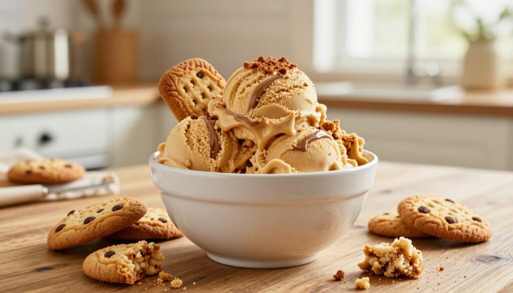 A creamy bowl of homemade cookie butter ice cream sits invitingly on a rustic wooden table. The ice cream is a smooth caramel color, with swirls of rich cookie butter visible throughout, garnished with crushed cookies and a sprinkle of cinnamon on top. Freshly baked cookies, crumbly and golden, are placed artfully beside the bowl. In the background, a bright kitchen with warm lighting reflects a cozy atmosphere, featuring vintage kitchen tools and a hint of a window showcasing soft, natural daylight filtering in. The focus is sharp on the ice cream bowl, creating a mouth-watering appeal, while a gentle bokeh effect enhances the warmth and inviting feel of the scene. A creamy bowl of homemade cookie butter ice cream sits invitingly on a rustic wooden table. The ice cream is a smooth caramel color, with swirls of rich cookie butter visible throughout, garnished with crushed cookies and a sprinkle of cinnamon on top. Freshly baked cookies, crumbly and golden, are placed artfully beside the bowl. In the background, a bright kitchen with warm lighting reflects a cozy atmosphere, featuring vintage kitchen tools and a hint of a window showcasing soft, natural daylight filtering in. The focus is sharp on the ice cream bowl, creating a mouth-watering appeal, while a gentle bokeh effect enhances the warmth and inviting feel of the scene.