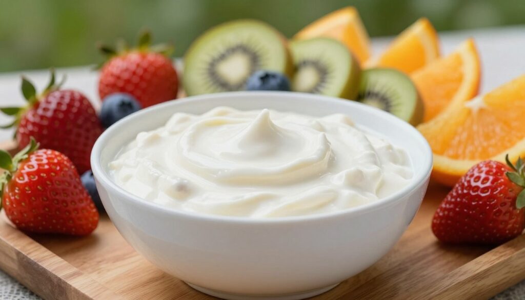 A creamy yogurt fruit dip is presented in an elegant white bowl, surrounded by a colorful array of fresh fruits like strawberries, blueberries, kiwi slices, and orange wedges. The dip is smooth and rich, glistening under soft, natural lighting that highlights its texture. The scene captures a summer picnic vibe, with a wooden serving platter beneath the bowl and a subtle hint of greenery in the blurred background, giving a refreshing outdoor atmosphere. The depth of field emphasizes the dip in the foreground while keeping the fruit vibrant and enticing. Shot with a 50mm lens to create a warm, inviting mood that invites viewers to indulge. No text or watermarks are present. A creamy yogurt fruit dip is presented in an elegant white bowl, surrounded by a colorful array of fresh fruits like strawberries, blueberries, kiwi slices, and orange wedges. The dip is smooth and rich, glistening under soft, natural lighting that highlights its texture. The scene captures a summer picnic vibe, with a wooden serving platter beneath the bowl and a subtle hint of greenery in the blurred background, giving a refreshing outdoor atmosphere. The depth of field emphasizes the dip in the foreground while keeping the fruit vibrant and enticing. Shot with a 50mm lens to create a warm, inviting mood that invites viewers to indulge. No text or watermarks are present.