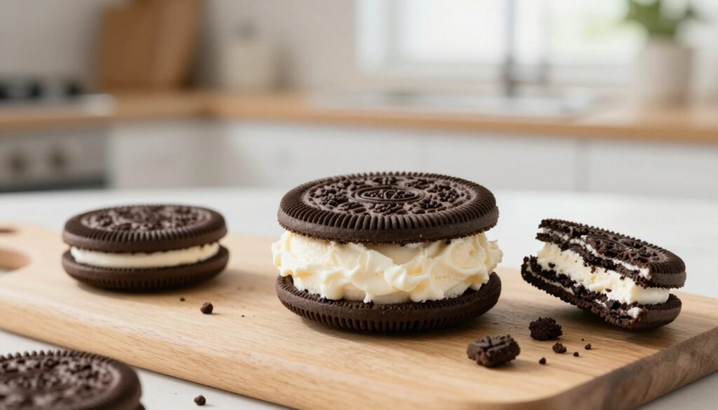 A decadent Oreo dessert featured prominently in the foreground, showcasing an ice cream sandwich made from classic Oreo cookies, with creamy vanilla ice cream peeking out from the sides. The scene captures a couple of broken Oreo pieces elegantly arranged beside the sandwich, emphasizing the crunch and texture. In the middle ground, a light wooden cutting board supports the dessert, while a few scattered chocolate crumbs add to the visual appeal. The background consists of a blurred kitchen setting, softly lit by natural light coming from a nearby window, creating a warm and inviting atmosphere. The overall mood is cheerful and indulgent, perfect for illustrating the joy of making Oreo ice cream sandwiches at home.