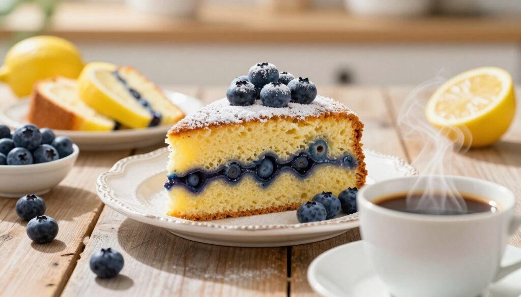 A delectable lemon blueberry cake sits elegantly on a vintage white plate, topped with fresh blueberries and a light dusting of powdered sugar. The cake is perfectly layered, showcasing its moist texture and vibrant yellow and blue colors. In the foreground, a steaming cup of aromatic coffee, with steam gently rising, complements the cake beautifully, hinting at the perfect pairing for a breakfast treat. The middle ground features a rustic wooden table, adorned with slices of the cake and a small bowl of fresh blueberries, inviting the viewer to indulge. Soft sunlight bathes the scene in a warm glow, creating a cozy, inviting atmosphere. The background is softly blurred, hinting at a kitchen setting, enhancing the homey feel without drawing attention away from the cake and coffee. A delectable lemon blueberry cake sits elegantly on a vintage white plate, topped with fresh blueberries and a light dusting of powdered sugar. The cake is perfectly layered, showcasing its moist texture and vibrant yellow and blue colors. In the foreground, a steaming cup of aromatic coffee, with steam gently rising, complements the cake beautifully, hinting at the perfect pairing for a breakfast treat. The middle ground features a rustic wooden table, adorned with slices of the cake and a small bowl of fresh blueberries, inviting the viewer to indulge. Soft sunlight bathes the scene in a warm glow, creating a cozy, inviting atmosphere. The background is softly blurred, hinting at a kitchen setting, enhancing the homey feel without drawing attention away from the cake and coffee.