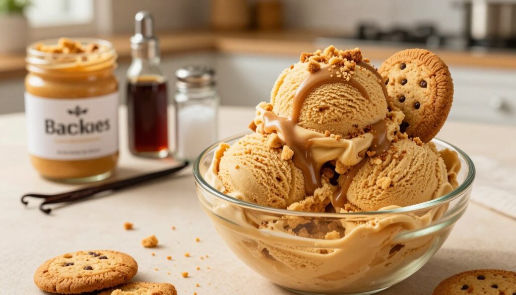 A delicious bowl of cookie butter ice cream, beautifully swirled and topped with crushed cookies and a drizzle of cookie butter sauce. In the foreground, the ice cream is in a clear glass bowl, showcasing its creamy texture and golden-brown color. Surrounding the bowl are scattered cookie crumbs and whole cookies for added detail. In the middle, there are small jars of cookie butter and other essential ingredients like vanilla extract and a pinch of salt, arranged neatly. The background features a warm, cozy kitchen setting with soft, natural lighting filtering in, enhancing the inviting mood. The composition should be shot from a slightly elevated angle, capturing the richness of the ice cream and the warmth of the kitchen environment. A delicious bowl of cookie butter ice cream, beautifully swirled and topped with crushed cookies and a drizzle of cookie butter sauce. In the foreground, the ice cream is in a clear glass bowl, showcasing its creamy texture and golden-brown color. Surrounding the bowl are scattered cookie crumbs and whole cookies for added detail. In the middle, there are small jars of cookie butter and other essential ingredients like vanilla extract and a pinch of salt, arranged neatly. The background features a warm, cozy kitchen setting with soft, natural lighting filtering in, enhancing the inviting mood. The composition should be shot from a slightly elevated angle, capturing the richness of the ice cream and the warmth of the kitchen environment.