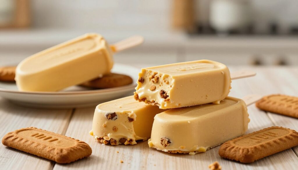 A delicious close-up of Biscoff ice cream bars, showcasing their creamy, golden-brown ice cream filled with crunchy bits of Biscoff cookies, glistening under natural soft light that highlights the texture. In the foreground, an artfully arranged pile of partially melted ice cream bars emphasizes their rich, smooth surface, while a few whole Biscoff cookies are scattered nearby, invitingly. The middle ground features a stylish serving platter, enhancing the gourmet feel. The background includes a blurred kitchen setting to evoke a warm, cozy atmosphere, with subtle wooden textures that compliment the dessert. The overall mood is indulgent and alluring, creating a sense of irresistible temptation without any distractions. A delicious close-up of Biscoff ice cream bars, showcasing their creamy, golden-brown ice cream filled with crunchy bits of Biscoff cookies, glistening under natural soft light that highlights the texture. In the foreground, an artfully arranged pile of partially melted ice cream bars emphasizes their rich, smooth surface, while a few whole Biscoff cookies are scattered nearby, invitingly. The middle ground features a stylish serving platter, enhancing the gourmet feel. The background includes a blurred kitchen setting to evoke a warm, cozy atmosphere, with subtle wooden textures that compliment the dessert. The overall mood is indulgent and alluring, creating a sense of irresistible temptation without any distractions.