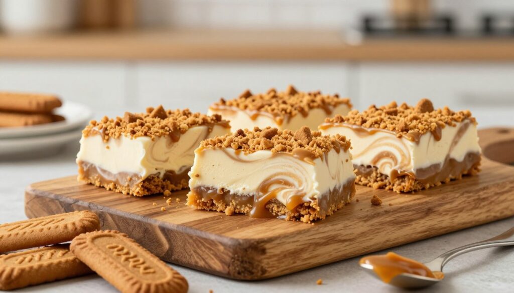 A delicious flat lay of homemade Biscoff ice cream bars, perfectly cut and displayed on a rustic wooden board. The ice cream bars feature swirls of creamy caramel and crunchy Biscoff cookie crumbles garnishing the top. In the foreground, there are a few scattered whole Biscoff cookies and a spoon dripping with melted caramel sauce. The middle layer showcases the bars, with a rich, golden-brown color complemented by a soft, creamy texture. In the background, a light and airy kitchen setting adds warmth, with soft natural lighting creating a inviting atmosphere. The scene captures the essence of indulgence and comfort, enticing viewers to imagine the delightful taste of these irresistible treats. A delicious flat lay of homemade Biscoff ice cream bars, perfectly cut and displayed on a rustic wooden board. The ice cream bars feature swirls of creamy caramel and crunchy Biscoff cookie crumbles garnishing the top. In the foreground, there are a few scattered whole Biscoff cookies and a spoon dripping with melted caramel sauce. The middle layer showcases the bars, with a rich, golden-brown color complemented by a soft, creamy texture. In the background, a light and airy kitchen setting adds warmth, with soft natural lighting creating a inviting atmosphere. The scene captures the essence of indulgence and comfort, enticing viewers to imagine the delightful taste of these irresistible treats.