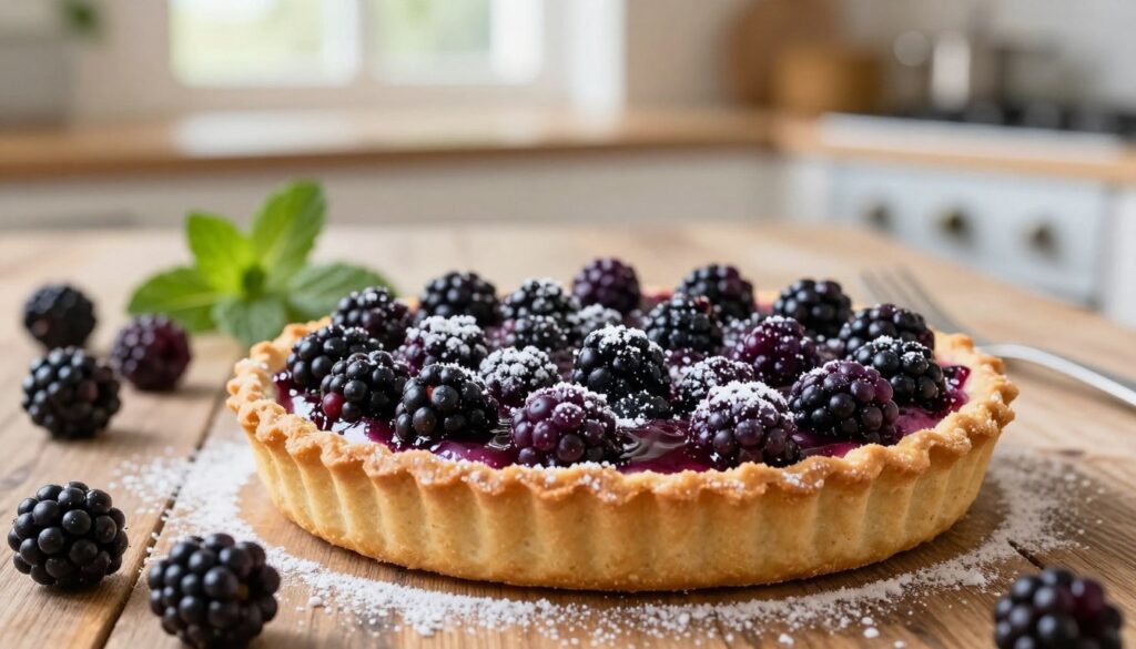 A delicious, freshly baked blackberry tart sits on a rustic wooden table, adorned with a glossy, deep purple berry topping and sprinkled with powdered sugar. The tart is positioned in the foreground, showcasing its flaky, golden crust and rich, berry-filled interior. In the middle ground, a few juicy blackberries and a sprig of mint are artfully scattered, adding vibrant color and texture. The background features a gently blurred kitchen setting with soft, warm lighting filtering through a window, creating an inviting and cozy atmosphere. The image captures the essence of a homemade dessert, evoking feelings of comfort and sweetness, perfect for dessert lovers.