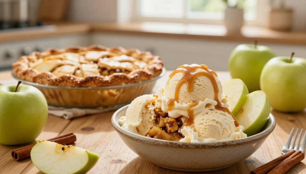 A delicious homemade apple pie ice cream in a rustic bowl, surrounded by vibrant green apple slices and cinnamon sticks. In the foreground, the ice cream is creamy and swirled with chunks of soft, spiced apple pie filling, topped with a drizzle of caramel sauce. The middle ground features a wooden table with a freshly baked apple pie, its golden crust shimmering under warm, natural light. In the background, a soft-focus kitchen scene with warm tones, emphasizing a cozy, inviting atmosphere. The scene is lit by soft sunlight streaming through a window, creating gentle highlights and shadows, evoking a sense of nostalgia and comfort, perfect for illustrating the joys of making homemade treats.