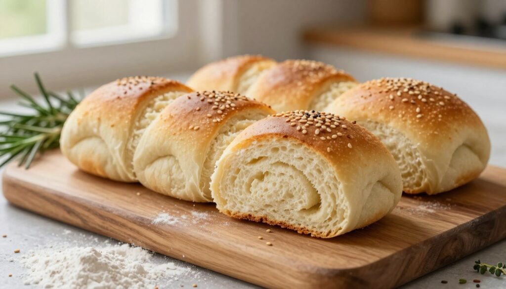 A freshly baked homemade sub roll, golden brown and slightly crisp on the outside, with a soft, fluffy interior visible in the cross-section, showcasing its airy texture. In the foreground, sprinkle flour and sesame seeds to add detail. In the middle, place a few sub rolls arranged beautifully on a rustic wooden cutting board, with a backdrop of herbs like rosemary and thyme, enhancing the fresh, homemade feel. The background is softly blurred, hinting at a cozy kitchen setting with warm, natural light streaming through a window, creating a inviting atmosphere. The image is captured at a slight angle, emphasizing the rolls' shape and texture, inviting viewers to imagine the delicious sandwiches they could create.