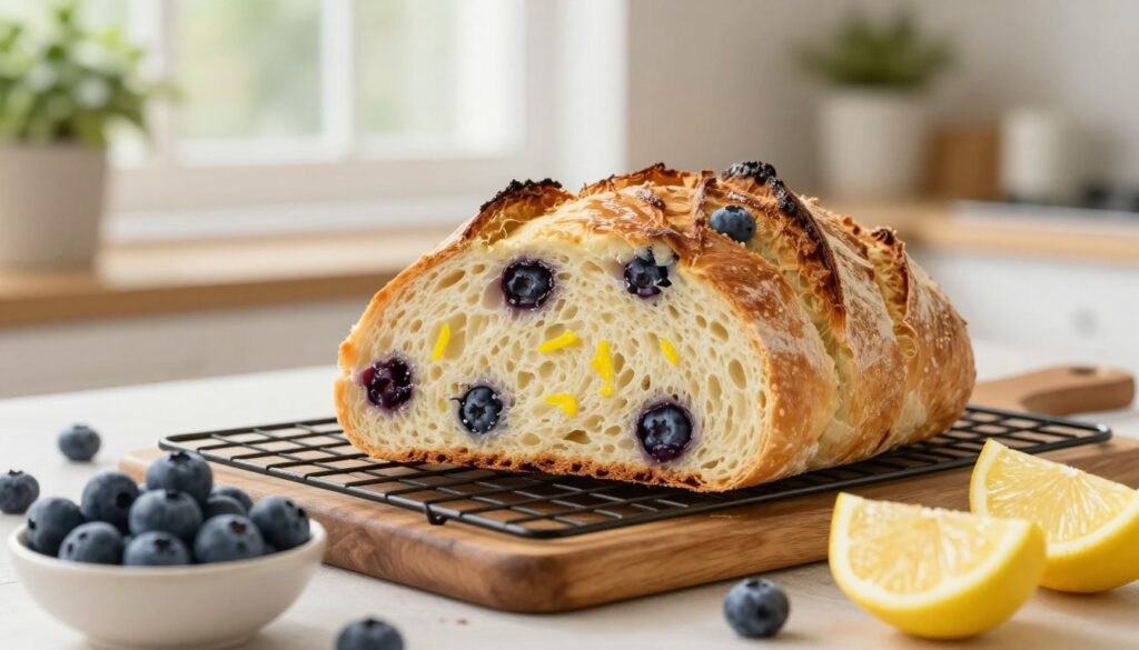 A freshly baked lemon blueberry sourdough bread rests on a rustic wooden cooling rack, with the golden-brown crust glistening under soft, diffused natural light from a nearby window. The bread is sliced open, revealing a tender, moist interior dotted with vibrant blueberries and speckled with bright lemon zest. In the foreground, a small bowl of plump blueberries and a few lemon wedges are casually arranged, enhancing the fresh, inviting atmosphere. The middle ground features a light, airy kitchen setting with hints of greenery from potted herbs, while the background is softly blurred, suggesting a cozy, warm space. The overall mood is homely and inviting, reflecting the warmth of baking and the anticipation of enjoying a delicious treat.
