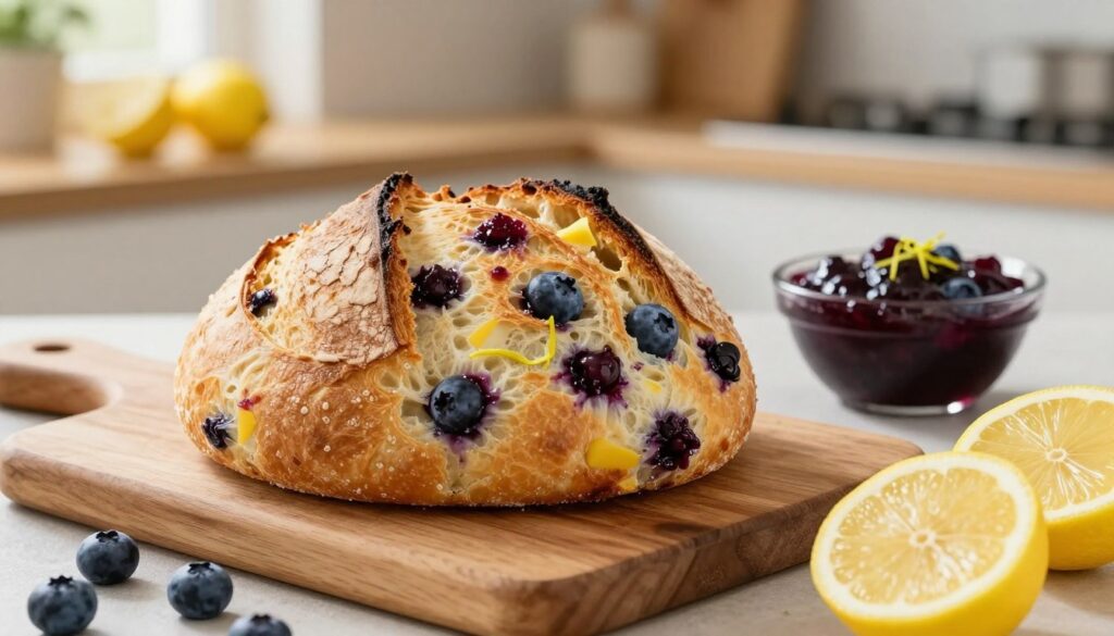 A freshly baked lemon blueberry sourdough bread sitting on a rustic wooden cutting board, with the crust golden-brown and crackling, revealing a soft, airy crumb speckled with vibrant blue blueberries and zesty lemon bits. In the foreground, a few scattered blueberries and slices of lemon add pops of color. The middle ground features a small bowl of blueberry jam and a sprig of lemon zest, evoking the ingredients used in the baking process. The background is softly blurred, showcasing a cozy kitchen atmosphere with warm lighting filtering through a window, creating an inviting and homely feel. The overall mood is cheerful and comforting, perfect for illustrating the joy of baking at home.