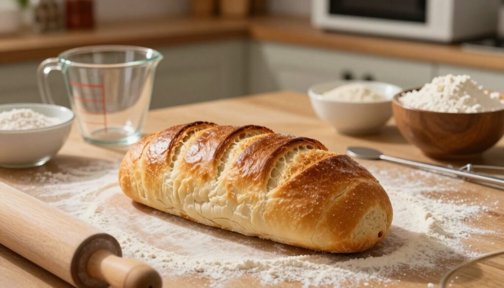 A freshly baked sub roll rests prominently in the foreground, showcasing its golden-brown crust, with a slight sheen that suggests warmth and softness. The bread's texture is highlighted, showing a light, airy crumb within. Surrounding the sub roll are essential baking tools: a wooden rolling pin and a floured countertop, indicating the process of creating this delicious bread. In the middle ground, a set of glass measuring cups and attractive bowls filled with flour and yeast hint at the ingredients used. The background features soft-focused kitchen elements like an oven and rustic shelves filled with spices, enhancing a cozy, homely atmosphere. The lighting is warm and inviting, casting gentle shadows to emphasize the details of the roll and tools. A top-down angle captures the scene, making the sub roll the star of the composition.
