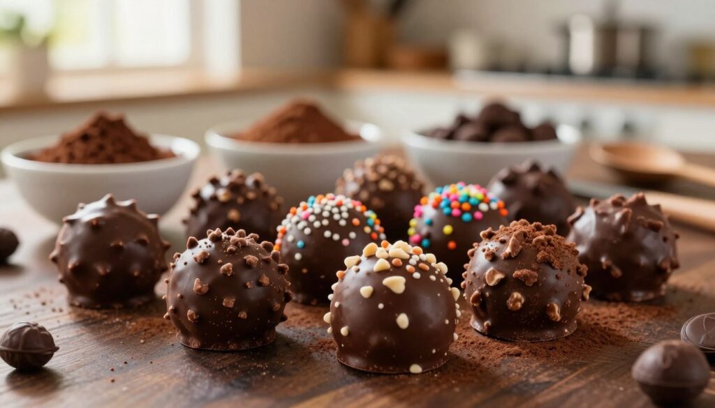 A luxurious assortment of decadent chocolate treats, primarily focusing on rich black chocolate truffles rolling in various coatings like finely chopped nuts, cocoa powder, and colorful sprinkles. In the foreground, highlight a few glossy truffles with an enticing, velvety sheen, showcasing their smooth texture and perfect spherical shape. In the middle, softly blurred bowls filled with different coating options and a vibrant kitchen workspace with dark wooden surfaces and subtle baking tools. The background features warm, inviting light filtering in through a window, creating a cozy and indulgent atmosphere. Capture the scene from a slightly elevated angle, emphasizing the details in the truffles while retaining a sense of depth and inviting warmth, evoking a delightful mood of chocolate indulgence. A luxurious assortment of decadent chocolate treats, primarily focusing on rich black chocolate truffles rolling in various coatings like finely chopped nuts, cocoa powder, and colorful sprinkles. In the foreground, highlight a few glossy truffles with an enticing, velvety sheen, showcasing their smooth texture and perfect spherical shape. In the middle, softly blurred bowls filled with different coating options and a vibrant kitchen workspace with dark wooden surfaces and subtle baking tools. The background features warm, inviting light filtering in through a window, creating a cozy and indulgent atmosphere. Capture the scene from a slightly elevated angle, emphasizing the details in the truffles while retaining a sense of depth and inviting warmth, evoking a delightful mood of chocolate indulgence.