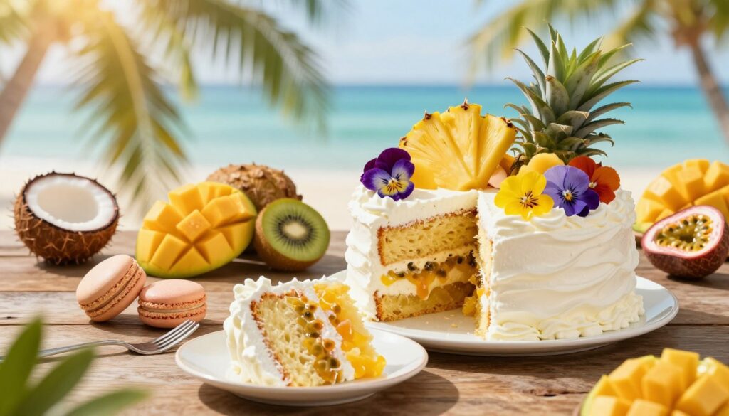 A picturesque tropical dessert scene featuring a beautifully plated Pineapple Heaven Cake, adorned with fresh pineapple slices and vibrant edible flowers, set on a rustic wooden table. In the foreground, a slice of the cake is cut, showcasing its moist layers filled with whipped cream and tropical fruit compote. The middle ground features a few coconut macarons and a colorful assortment of tropical fruits like mango, kiwi, and passion fruit arranged artistically around the cake. The background shows softly blurred lush green palm leaves and a hint of a bright blue ocean under warm sunlight, creating a relaxed and inviting atmosphere. The scene is lit with natural, soft lighting to enhance the colors and textures, photographed from a slightly elevated angle to capture the cake's impressive height and decoration.