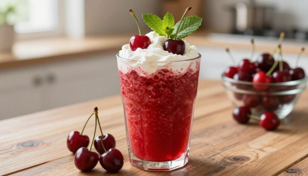 A refreshing cherry smoothie in a clear glass, vividly showcasing its vibrant red color and velvety texture. The smoothie is topped with a dollop of whipped cream and garnished with fresh tart cherries and a sprig of mint, sitting on a rustic wooden table. In the background, a blurred kitchen setting with a hint of fresh cherries in a bowl, and soft natural light pouring in from a nearby window creates a warm and inviting atmosphere. The shot is taken from a slightly elevated angle to capture the ingredients and decoration on the smoothie. The overall mood is cheerful and rejuvenating, perfect for a summer treat. No text or branding is included in the scene. A refreshing cherry smoothie in a clear glass, vividly showcasing its vibrant red color and velvety texture. The smoothie is topped with a dollop of whipped cream and garnished with fresh tart cherries and a sprig of mint, sitting on a rustic wooden table. In the background, a blurred kitchen setting with a hint of fresh cherries in a bowl, and soft natural light pouring in from a nearby window creates a warm and inviting atmosphere. The shot is taken from a slightly elevated angle to capture the ingredients and decoration on the smoothie. The overall mood is cheerful and rejuvenating, perfect for a summer treat. No text or branding is included in the scene.